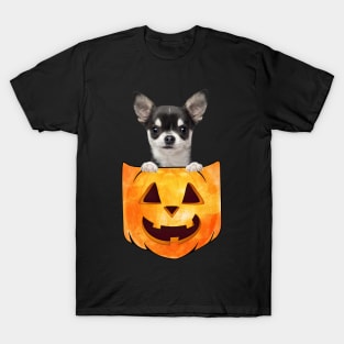 Black Chihuahua Dog In Pumpkin Pocket Halloween T-Shirt